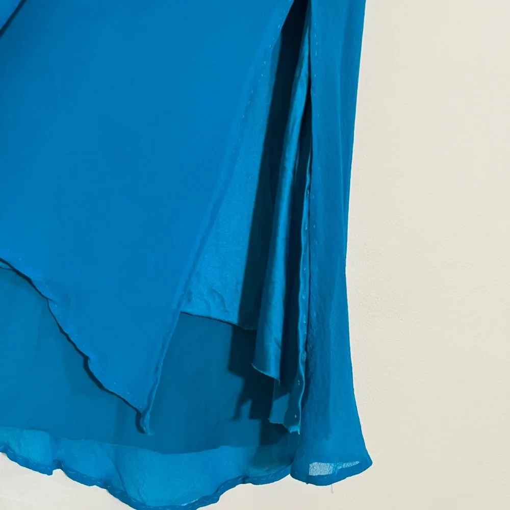 SPENSER JEREMY Gorgeous Teal Flutter Sleeve Cowl Neck 100% Silk Midi Dress Sz 6 - Picture 11 of 14